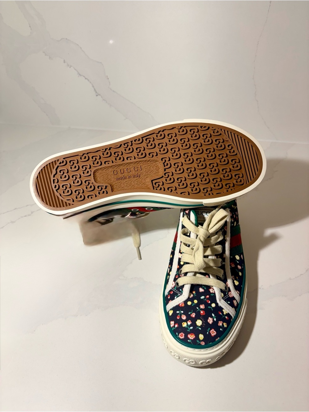 Gucci Navy Floral Ace Sneakers with Red & Green Web - Picture 3 of 3